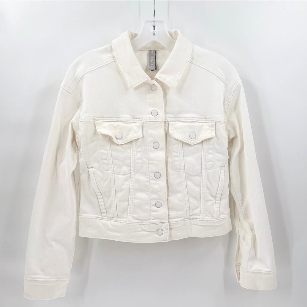 ATHLETA Off White Denim Trucker Jacket Cream Button Up Jean Coat Small XS